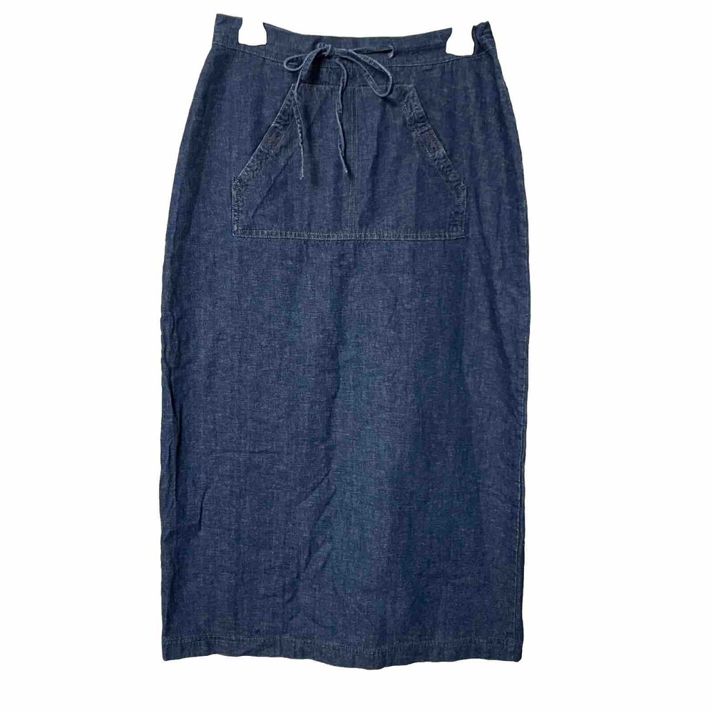Brams Paris Womens Denim Midi Skirt Blue Cotton Drawstring Back Slit Size M